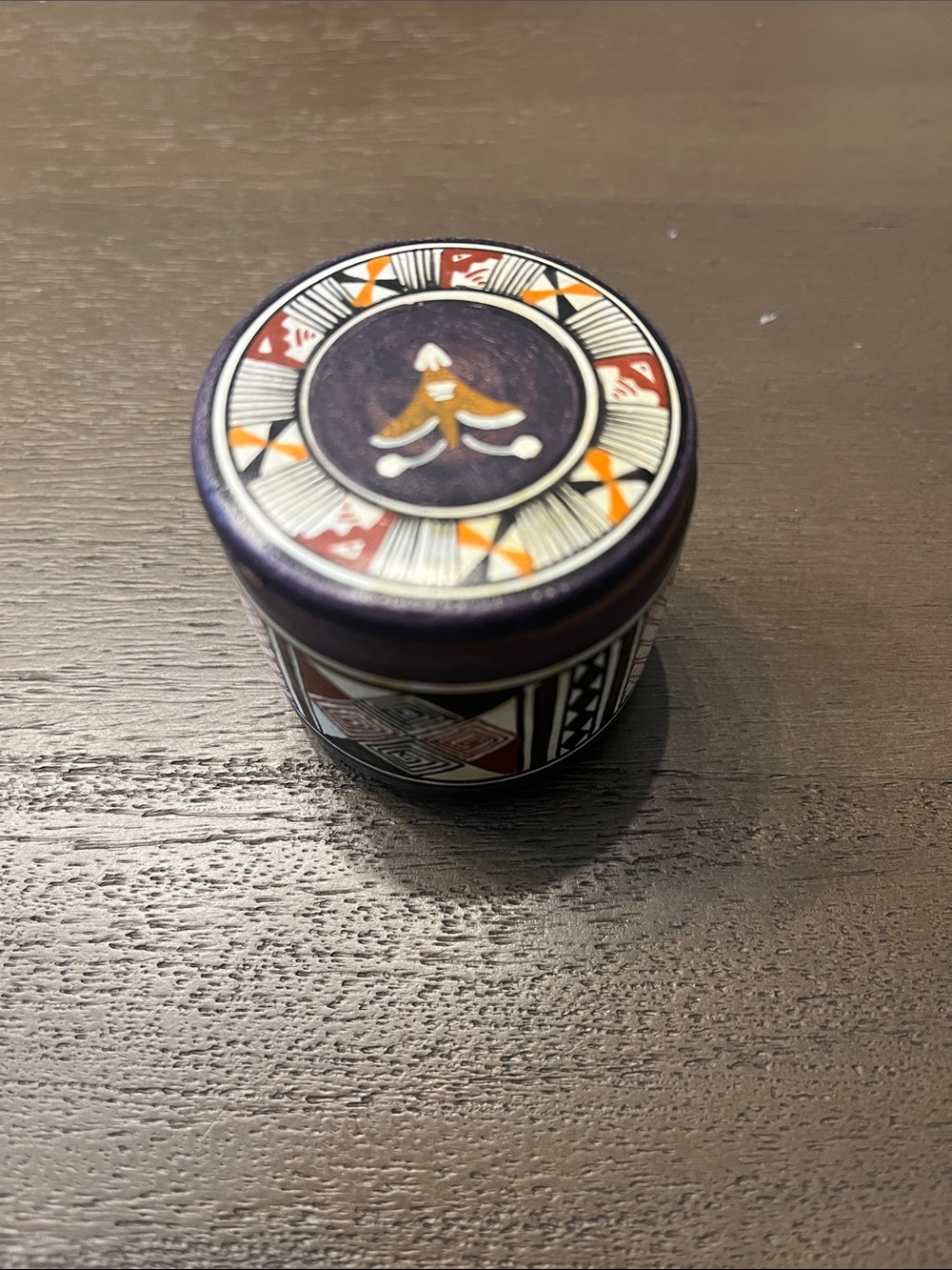Hand-Painted Terracotta Peru Ceramic Trinket Jar in Purple, Orange, Cream